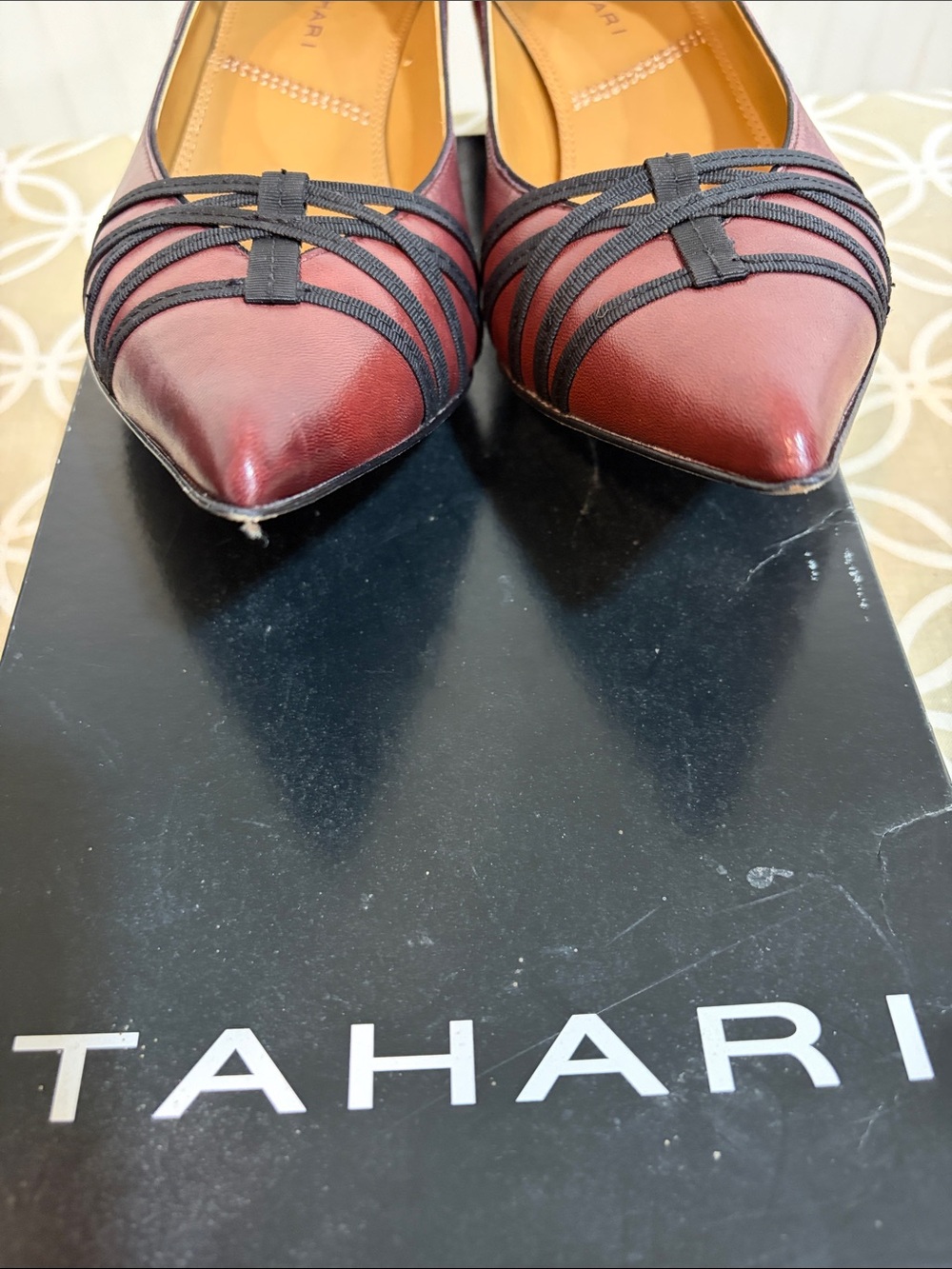 Tahari Burgundy Pointed Leather Pumps with Black Strap Detail - Picture 6 of 6